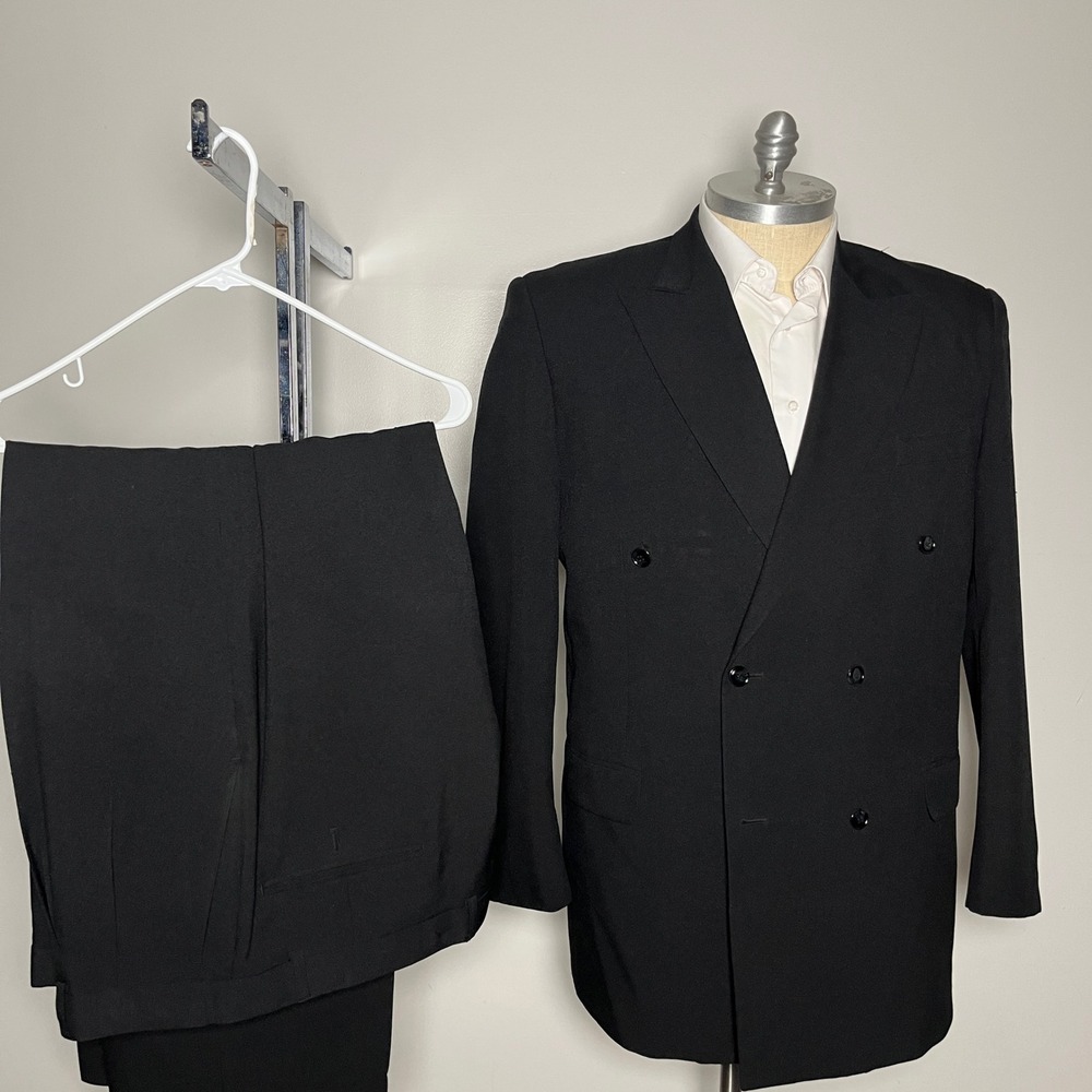 Zannini Double Breasted Suit Mens 46L W40 Black Solid Peak Lapel Flat Front